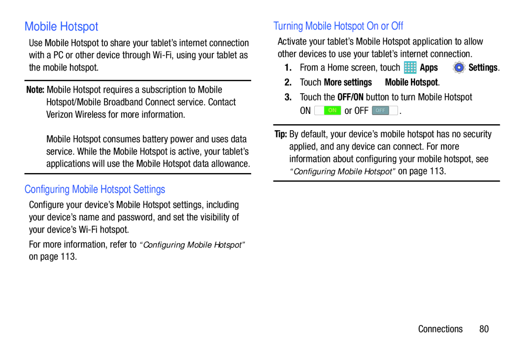 Samsung GH68-40366A manual Configuring Mobile Hotspot Settings, Turning Mobile Hotspot On or Off 