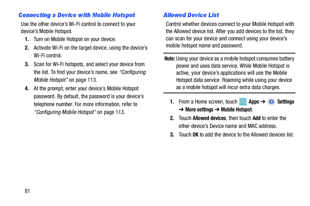 Samsung GH68-40366A manual Connecting a Device with Mobile Hotspot, Allowed Device List, More settings Mobile Hotspot 