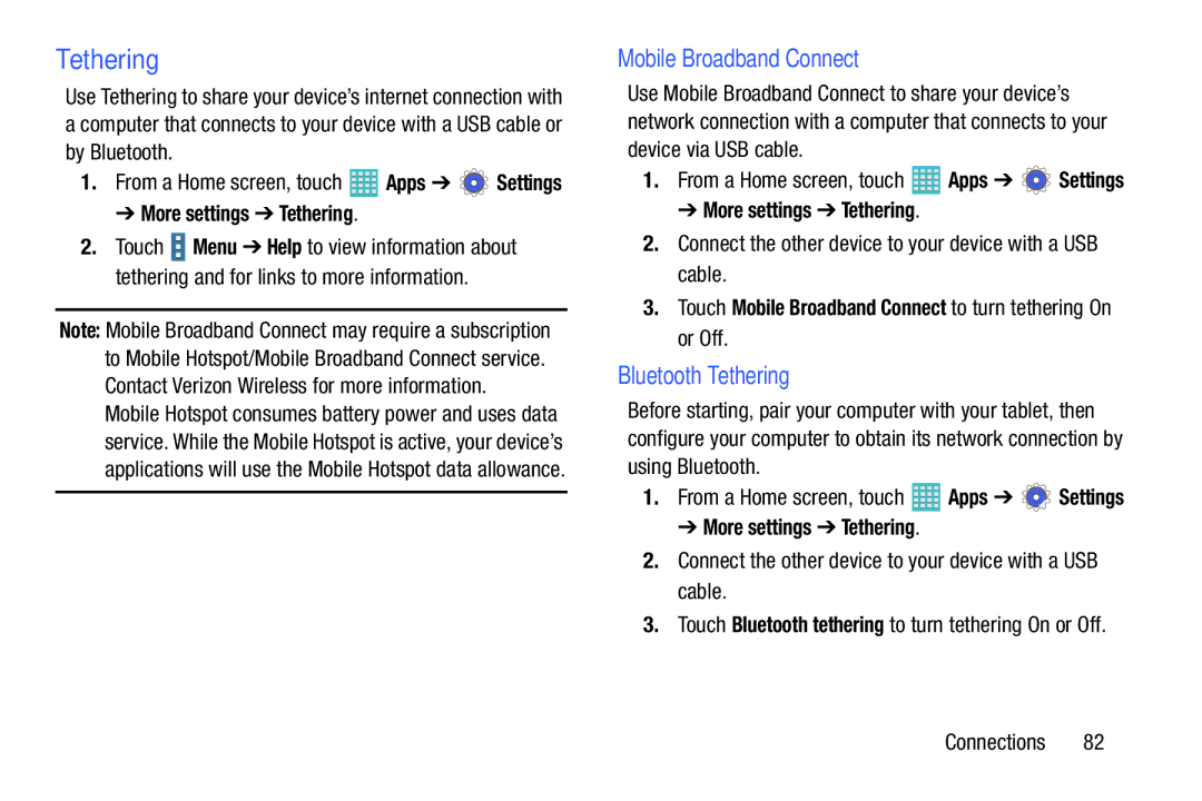 Samsung GH68-40366A manual Mobile Broadband Connect, Bluetooth Tethering, More settings Tethering 