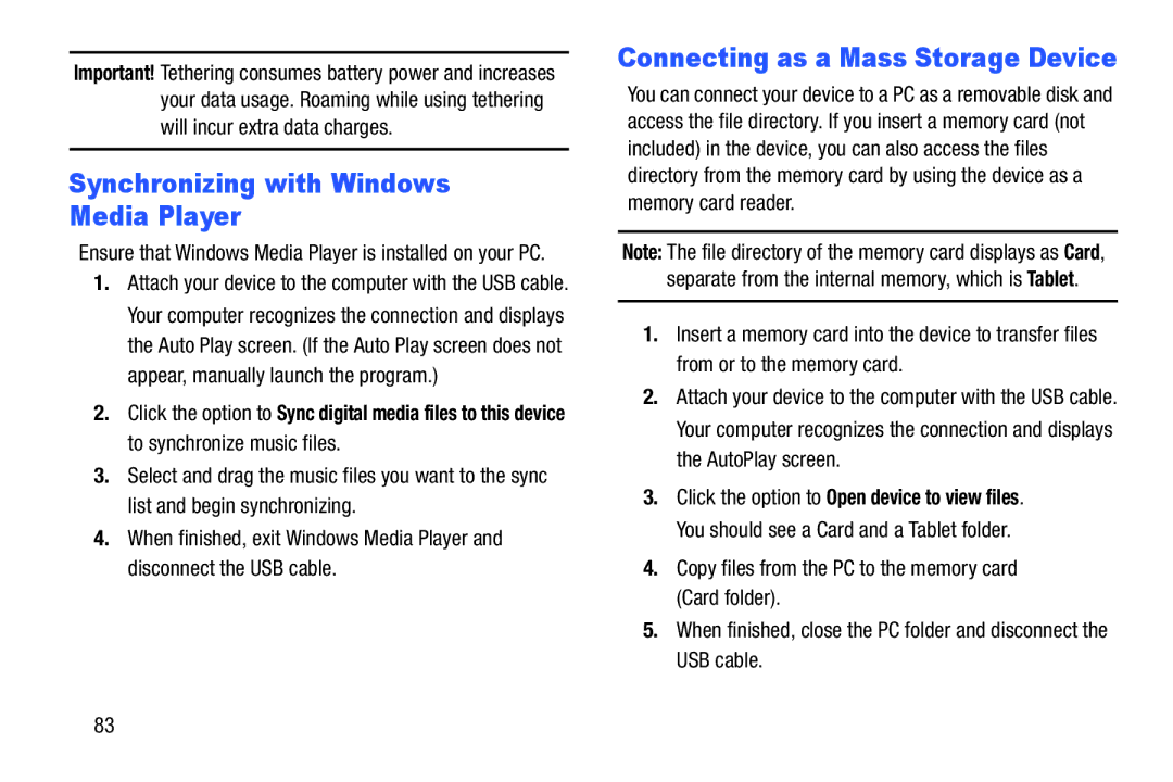 Samsung GH68-40366A manual Synchronizing with Windows Media Player, Connecting as a Mass Storage Device 