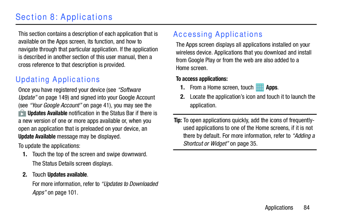 Samsung GH68-40366A manual Updating Applications, Accessing Applications, Touch Updates available, To access applications 