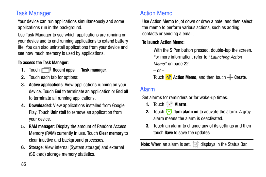 Samsung GH68-40366A manual Action Memo, Alarm, To access the Task Manager Touch Recent apps Task manager 