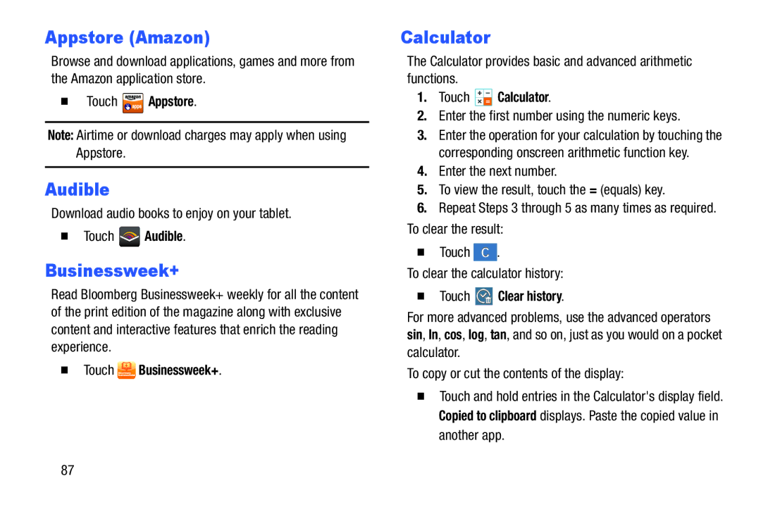 Samsung GH68-40366A manual Appstore Amazon, Audible, Businessweek+, Calculator 