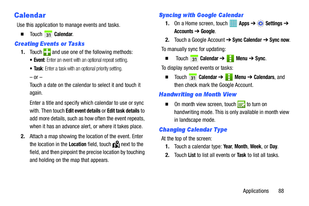 Samsung GH68-40366A manual Creating Events or Tasks, Syncing with Google Calendar, Handwriting on Month View 