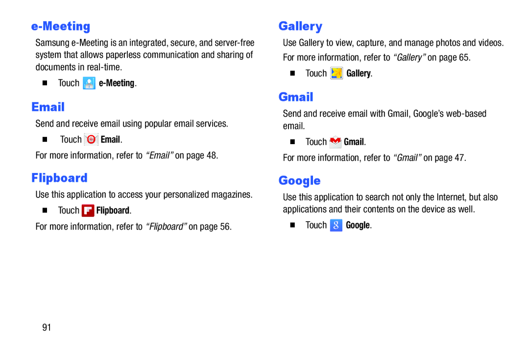 Samsung GH68-40366A manual Google,  Touch e-Meeting,  Touch Flipboard,  Touch Gallery 