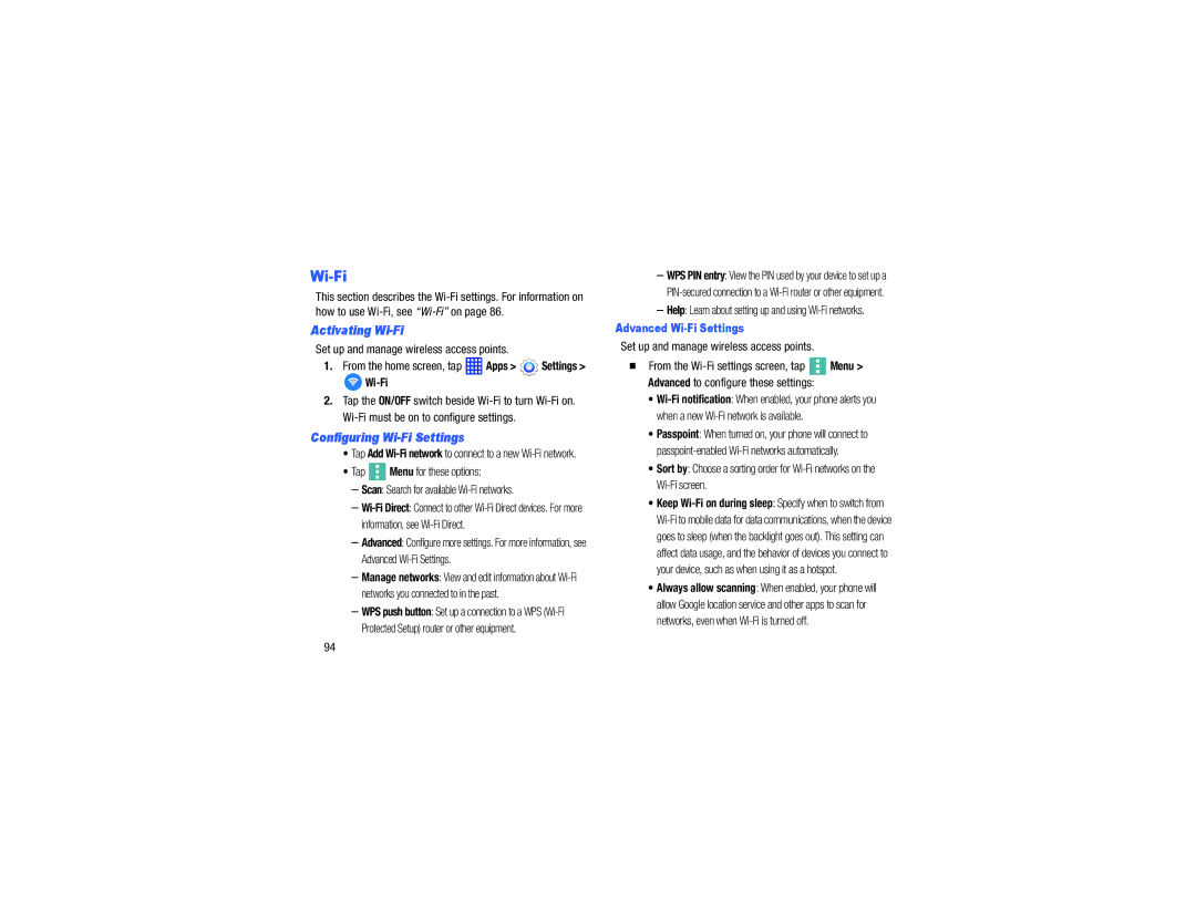 Samsung GH68-40785A manual Set up and manage wireless access points, Activating Wi-Fi, Configuring Wi-Fi Settings 