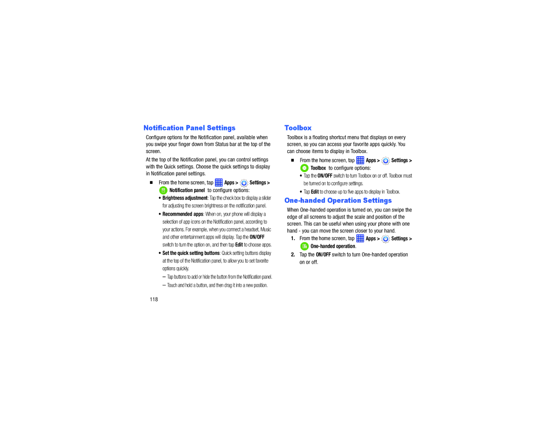 Samsung GH68-40785A manual Notification Panel Settings, One-handed Operation Settings, Toolbox to configure options 
