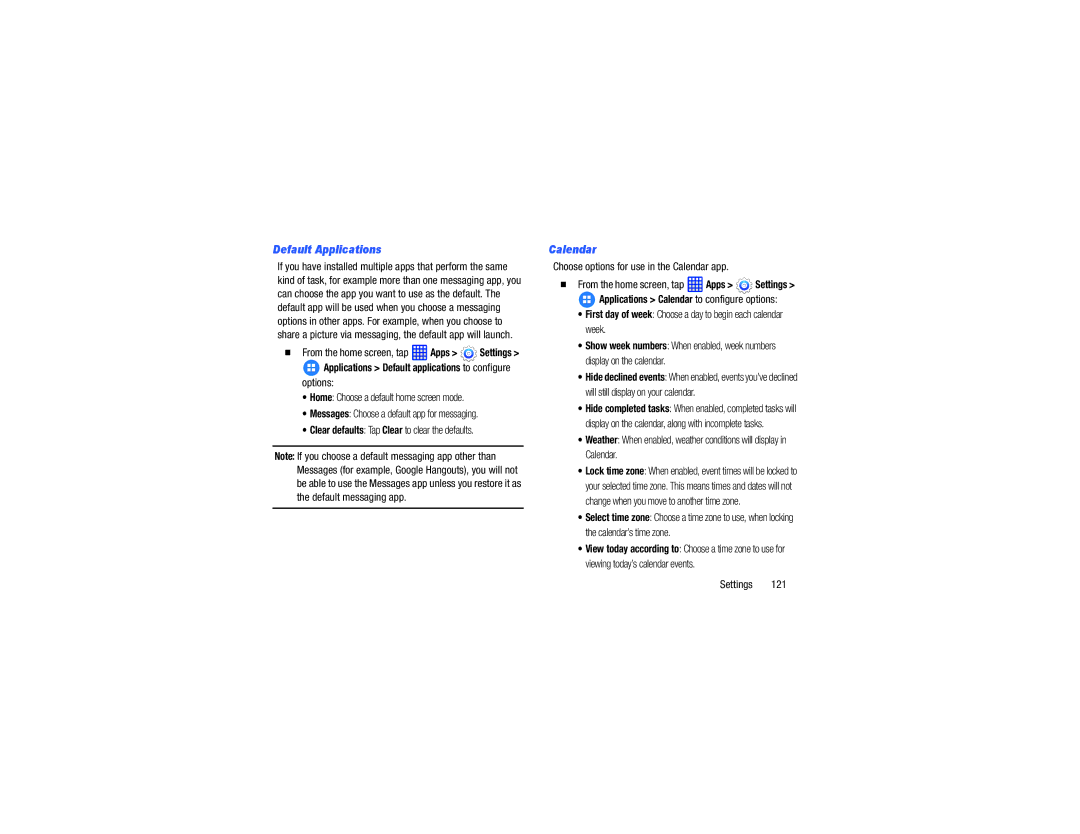 Samsung GH68-40785A manual Choose options for use in the Calendar app, Default Applications 