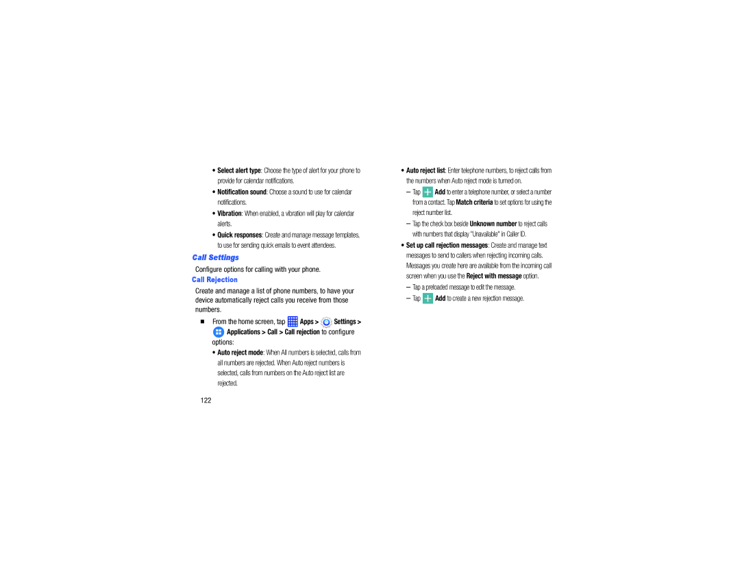 Samsung GH68-40785A manual Configure options for calling with your phone, 122, Call Settings, Reject number list 