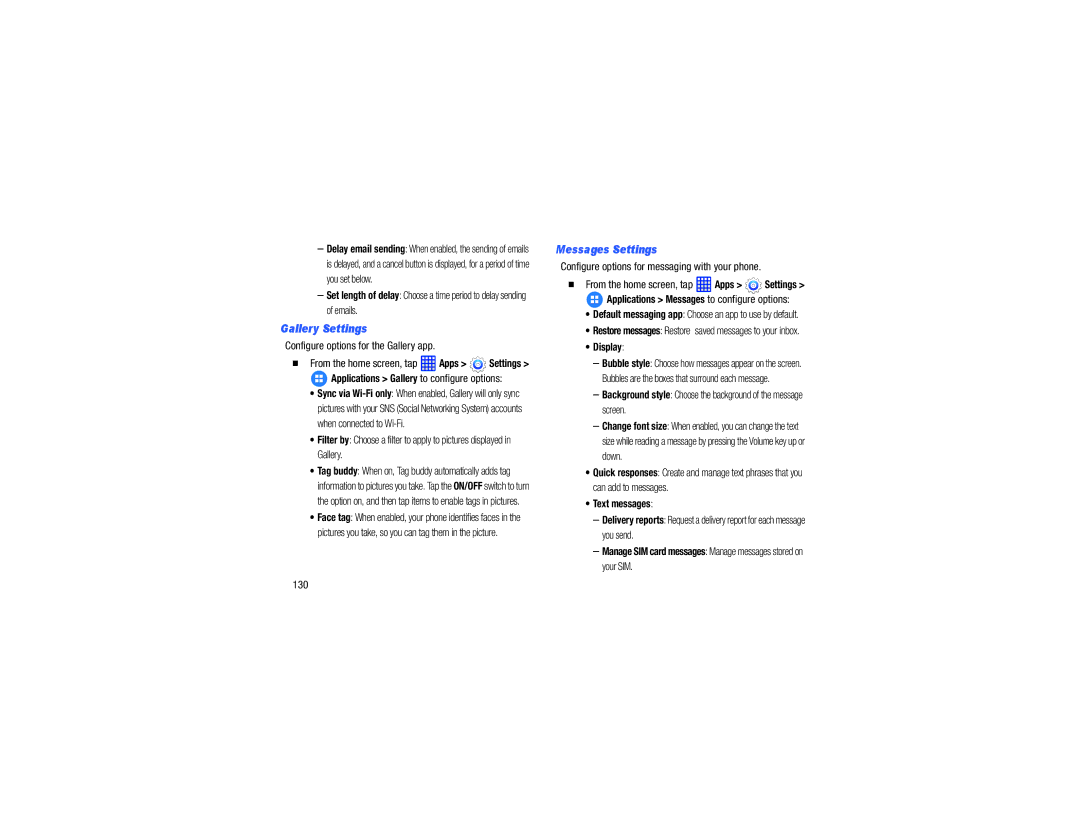 Samsung GH68-40785A manual Configure options for the Gallery app, Configure options for messaging with your phone, 130 