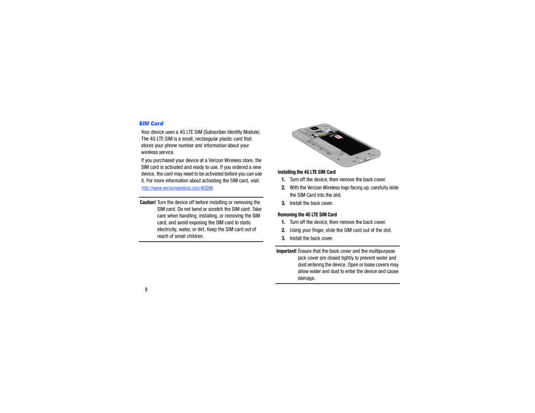 Samsung GH68-40785A manual Turn off the device, then remove the back cover, Installing the 4G LTE SIM Card 