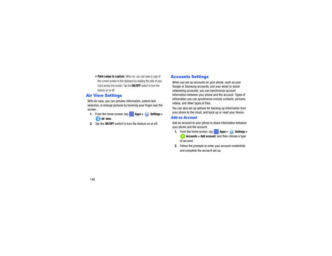 Samsung GH68-40785A manual Air View Settings, Accounts Settings, 148, Add an Account 