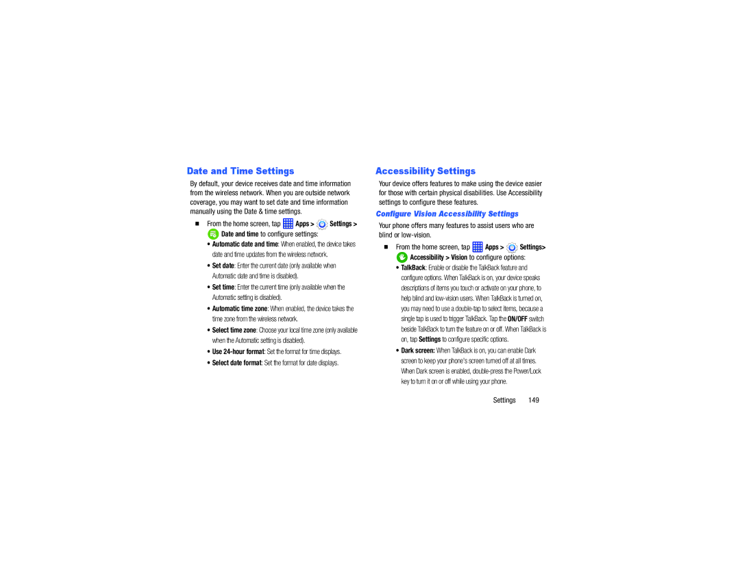 Samsung GH68-40785A manual Date and Time Settings, Accessibility Settings, Date and time to configure settings 