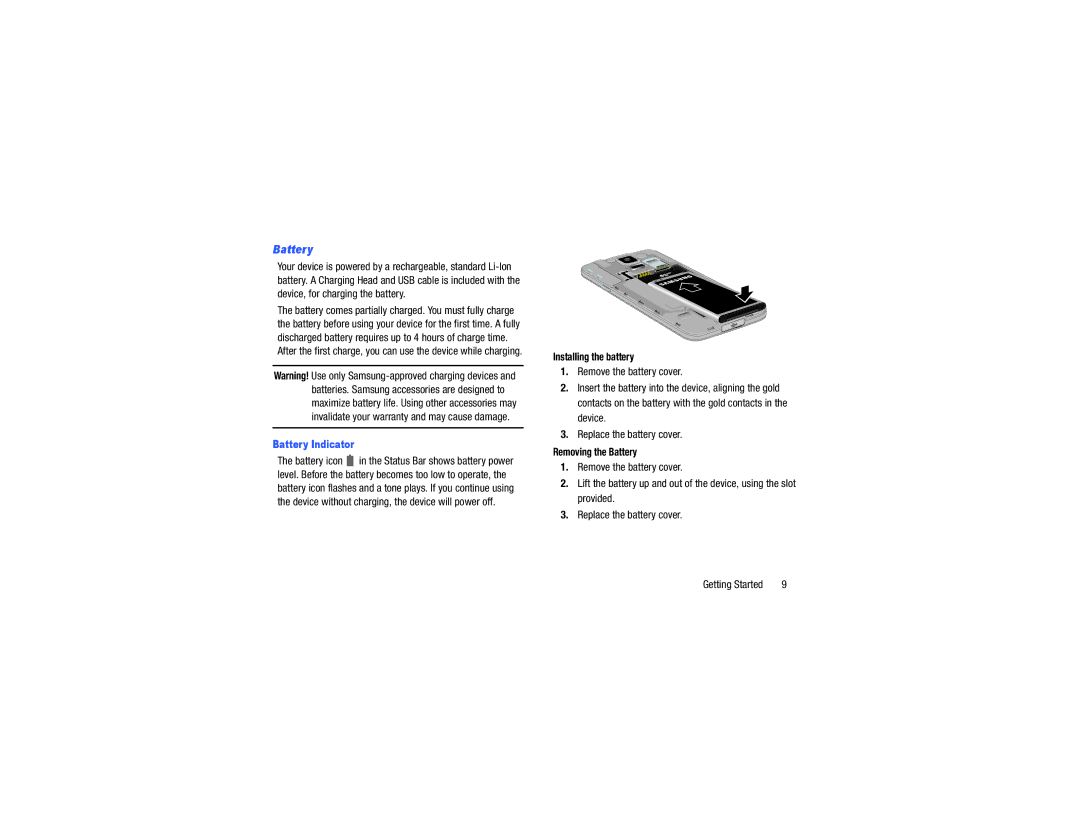 Samsung GH68-40785A manual Installing the battery, Removing the Battery, Battery Indicator 