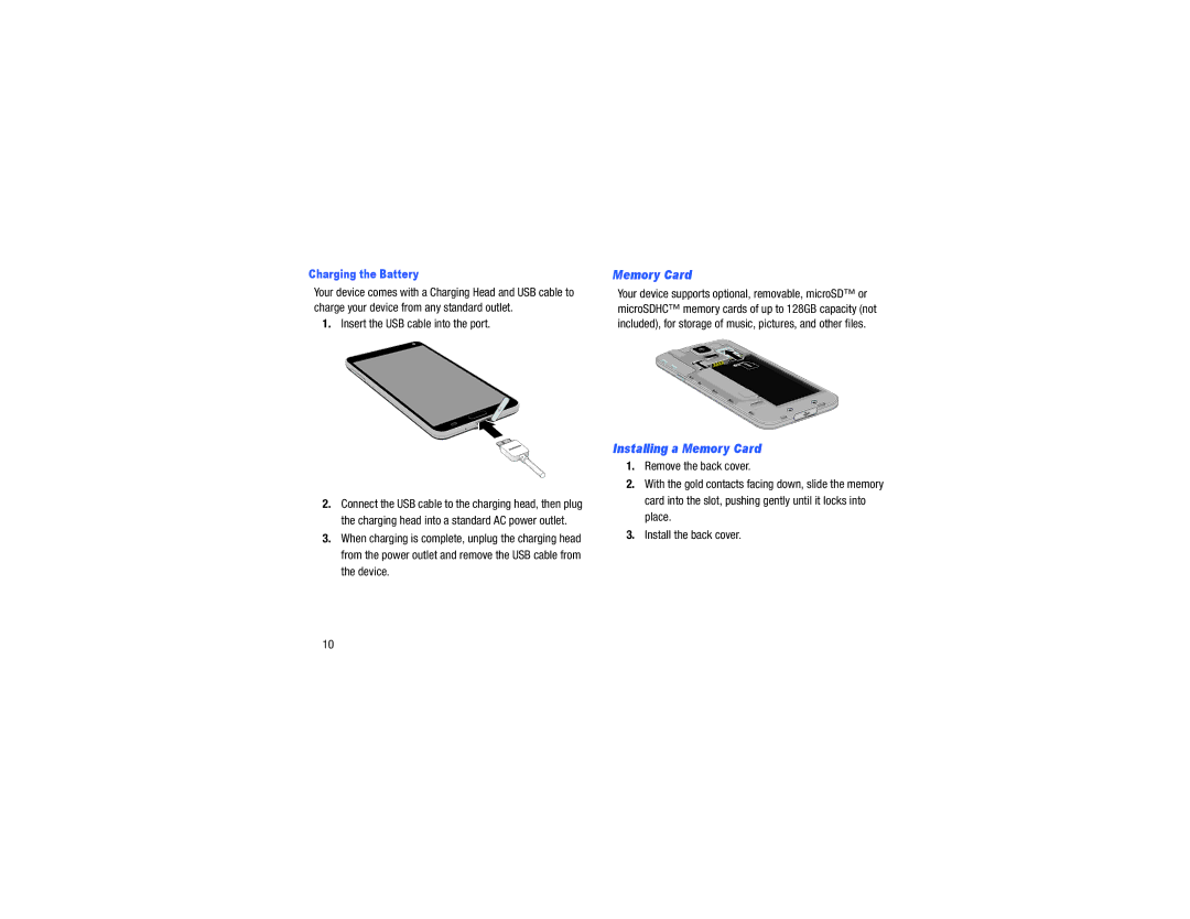 Samsung GH68-40785A manual Insert the USB cable into the port, Installing a Memory Card, Charging the Battery 