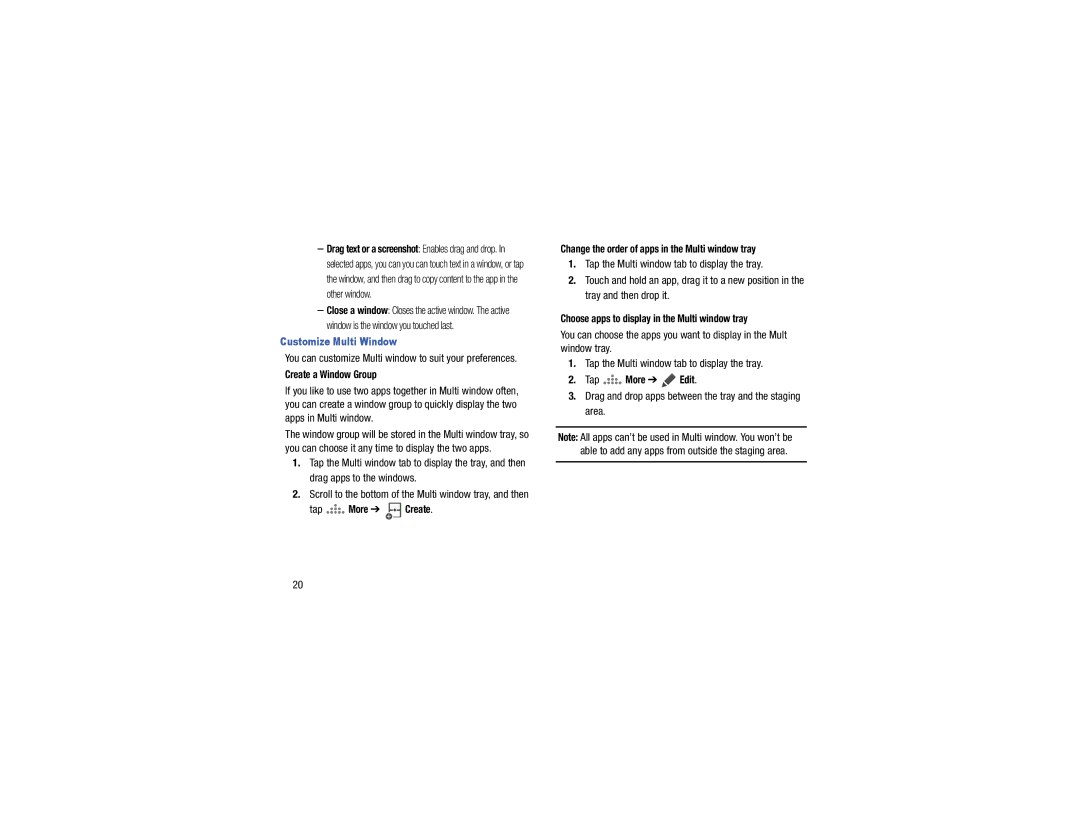 Samsung GH68-40785A manual Drag and drop apps between the tray and the staging area, Create a Window Group, Tap More Edit 