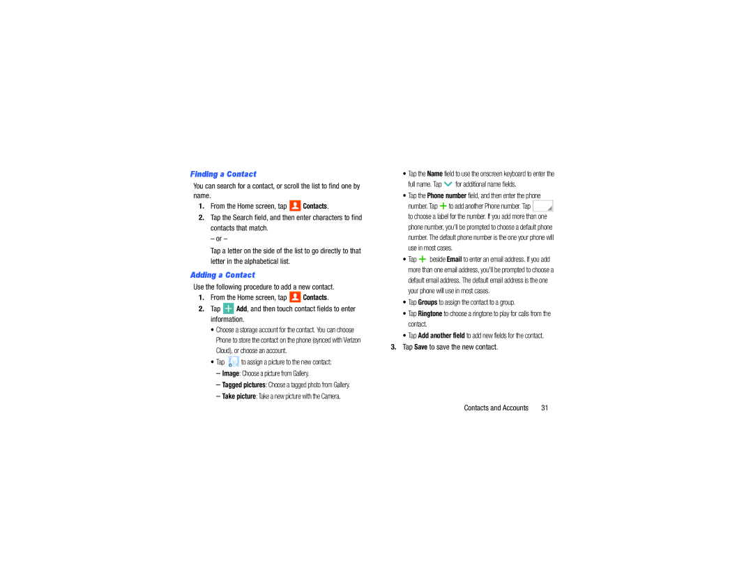 Samsung GH68-40785A manual Tap Save to save the new contact, Finding a Contact, Adding a Contact 