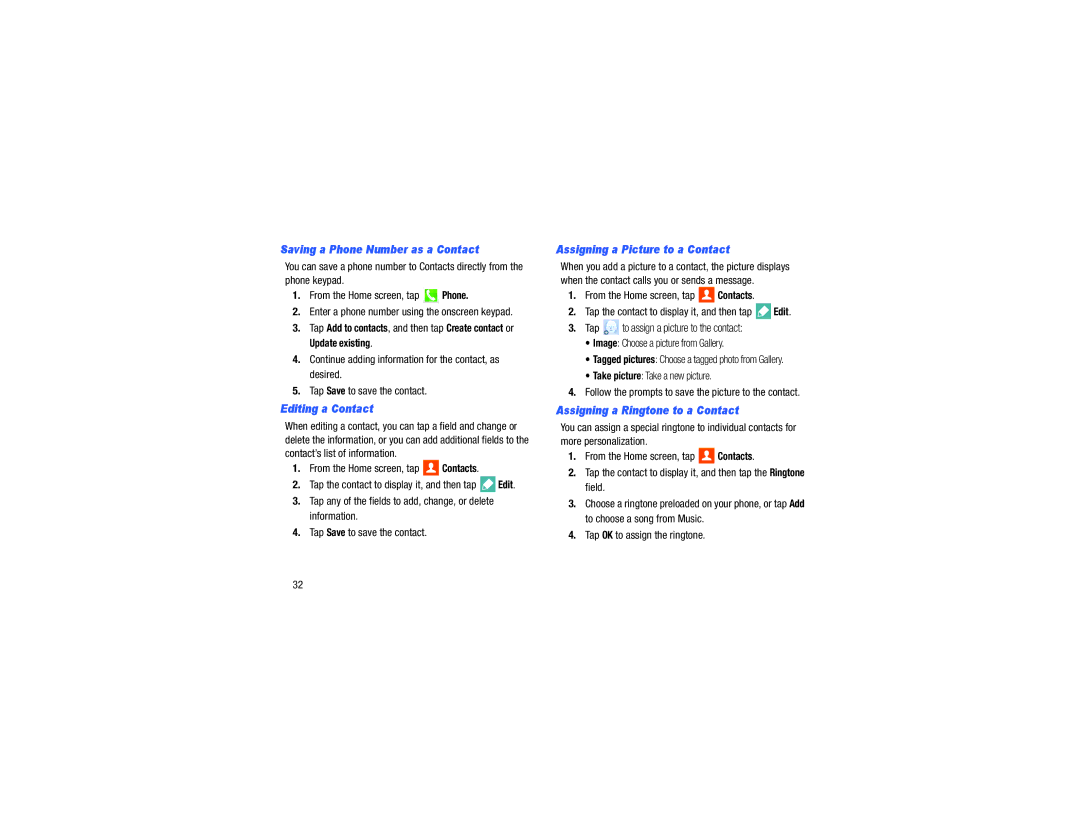 Samsung GH68-40785A manual Saving a Phone Number as a Contact, Editing a Contact, Assigning a Picture to a Contact 