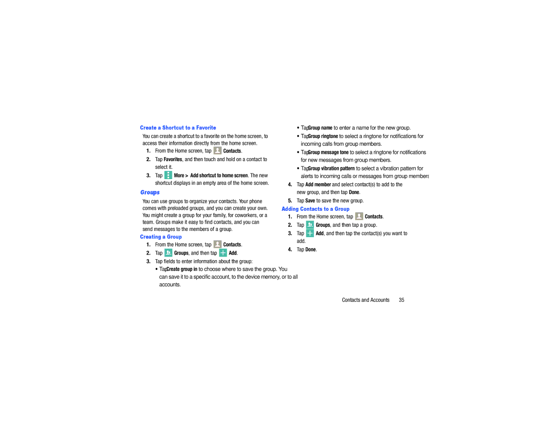 Samsung GH68-40785A manual Groups, Create a Shortcut to a Favorite, Creating a Group, Adding Contacts to a Group 