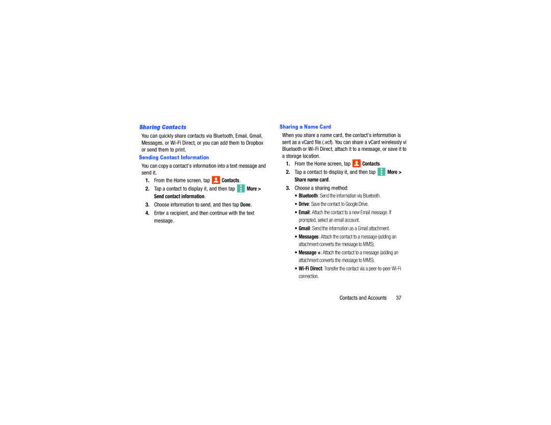 Samsung GH68-40785A manual Choose a sharing method, Sharing Contacts, Sending Contact Information, Sharing a Name Card 