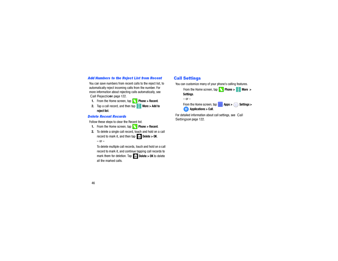 Samsung GH68-40785A Call Settings, Record to mark it, and then tap Delete OK, Add Numbers to the Reject List from Recent 