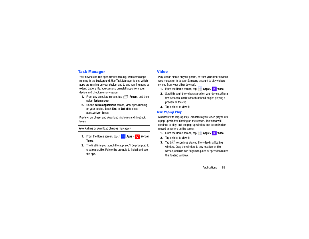 Samsung GH68-40785A manual Task Manager, From the Home screen, tap Apps Video, Tap a video to view it 