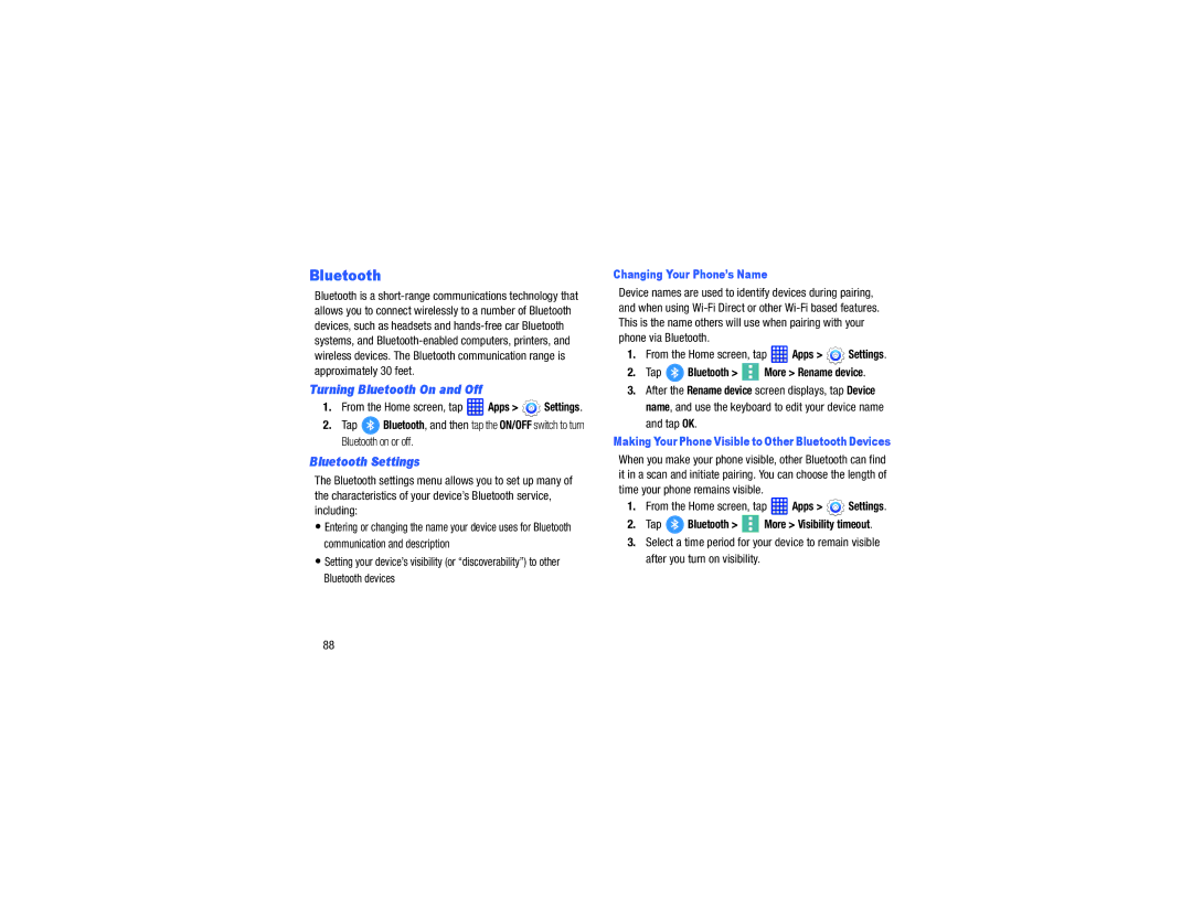 Samsung GH68-40785A manual Turning Bluetooth On and Off, Bluetooth Settings, Tap Bluetooth More Rename device 