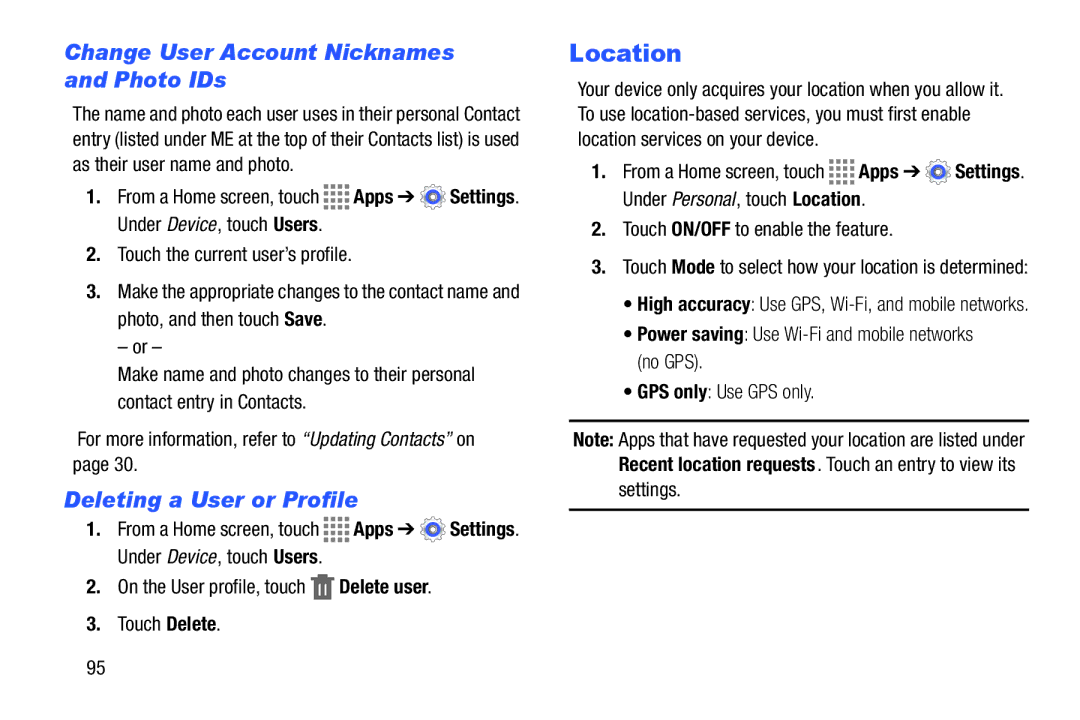 Samsung GH68-41349F manual Location, Change User Account Nicknames and Photo IDs, Deleting a User or Profile 