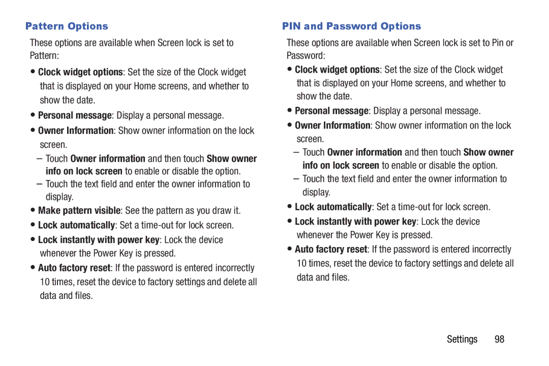 Samsung GH68-41349F manual Pattern Options, Lock automatically Set a time-out for lock screen, PIN and Password Options 