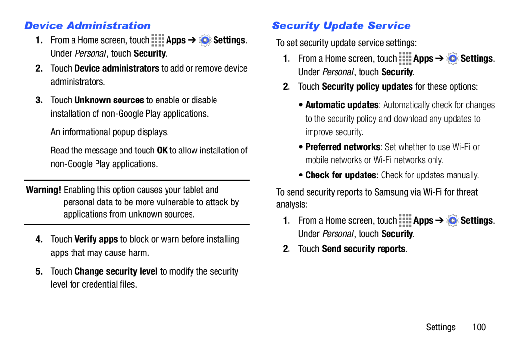 Samsung GH68-41349F manual Device Administration, Security Update Service, Touch Send security reports 