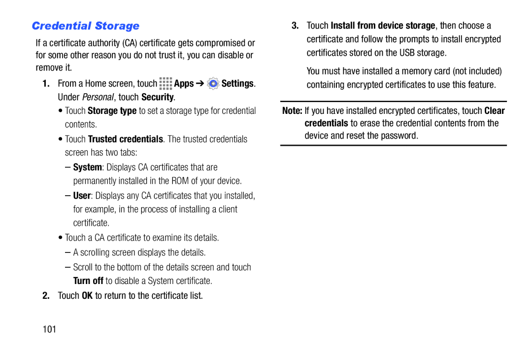 Samsung GH68-41349F manual Credential Storage, Touch OK to return to the certificate list, 101 