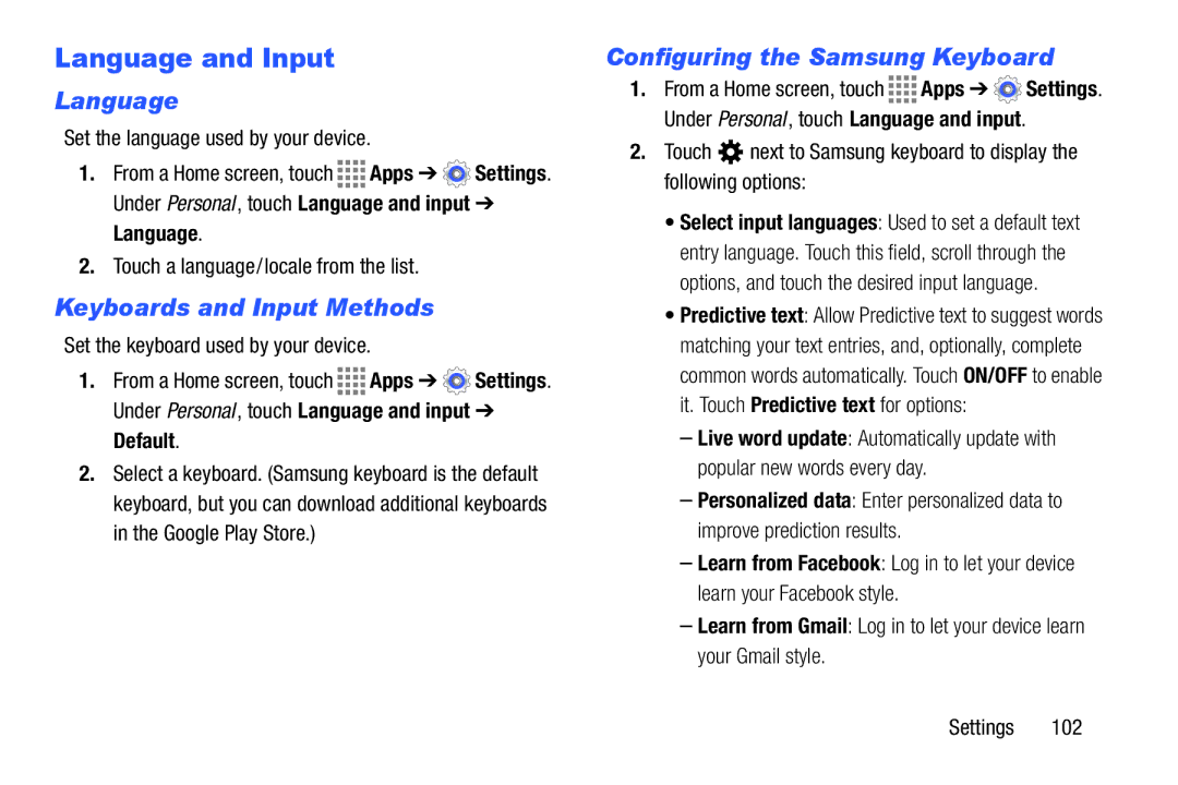 Samsung GH68-41349F manual Language and Input, Keyboards and Input Methods, Configuring the Samsung Keyboard 