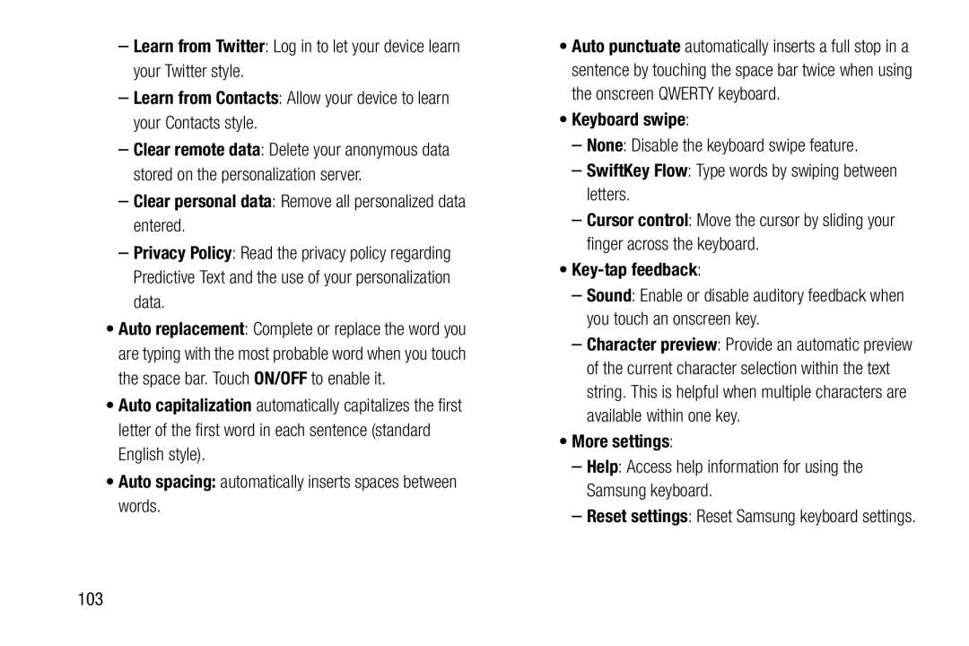 Samsung GH68-41349F manual Clear personal data Remove all personalized data entered, Keyboard swipe, Key-tap feedback 