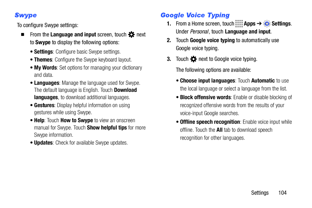 Samsung GH68-41349F manual Google Voice Typing, To configure Swype settings, Settings Configure basic Swype settings 