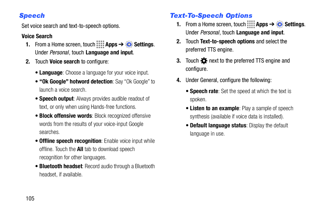 Samsung GH68-41349F Text-To-Speech Options, Voice Search, Default language status Display the default language in use 