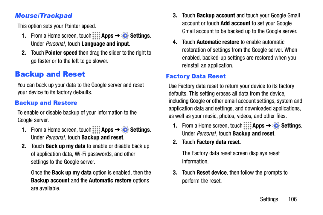 Samsung GH68-41349F Backup and Reset, Mouse/Trackpad, Backup and Restore, Factory Data Reset, Touch Factory data reset 