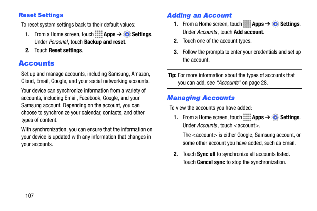 Samsung GH68-41349F manual Adding an Account, Managing Accounts, Reset Settings, Touch Reset settings 