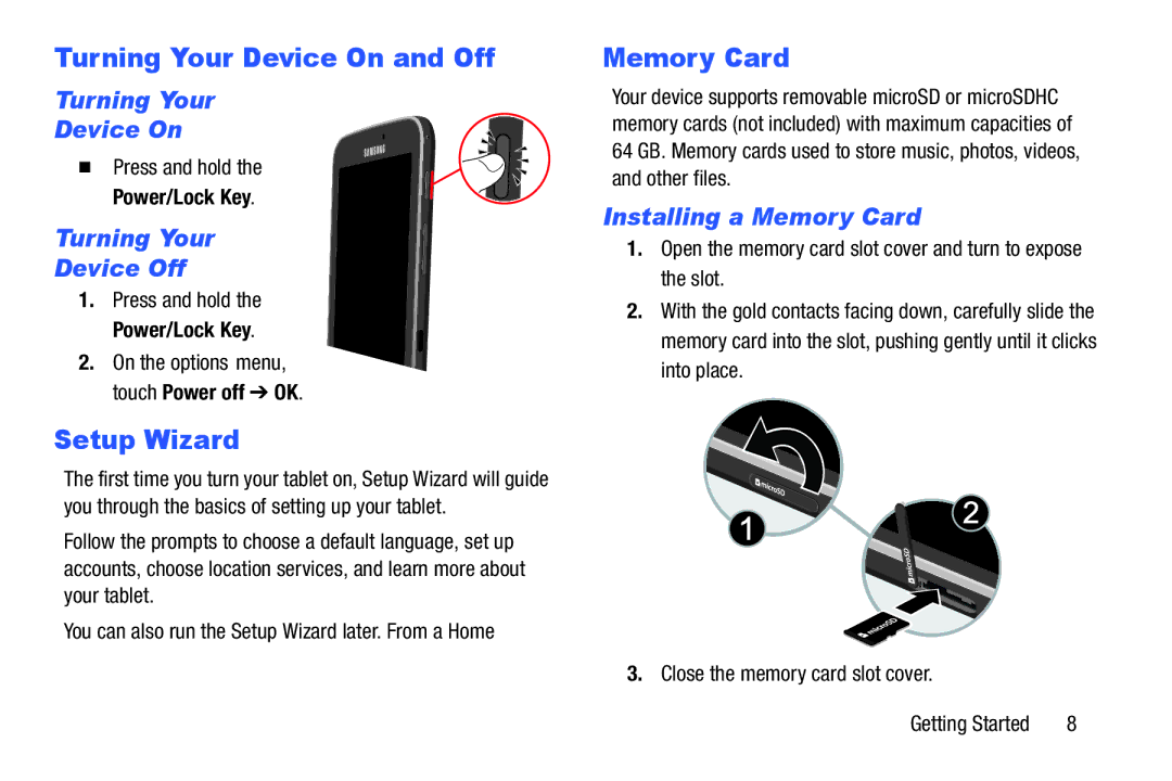 Samsung GH68-41349F manual Turning Your Device On and Off, Setup Wizard, Memory Card 