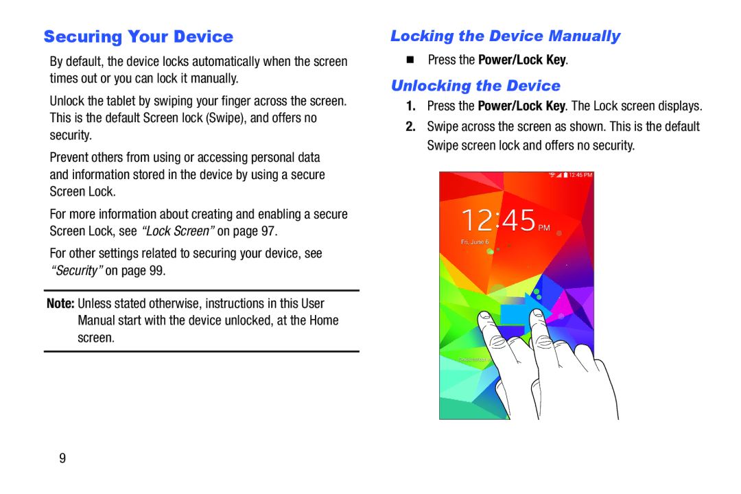 Samsung GH68-41349F Securing Your Device, Locking the Device Manually, Unlocking the Device,  Press the Power/Lock Key 