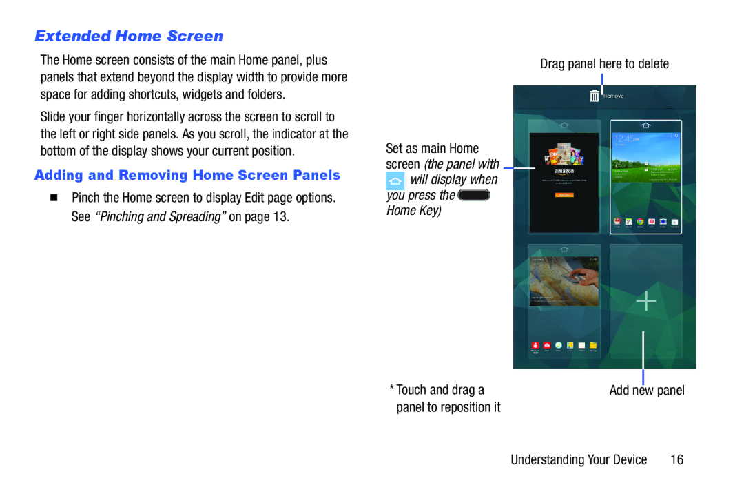 Samsung GH68-41349F manual Extended Home Screen, Adding and Removing Home Screen Panels, Drag panel here to delete 