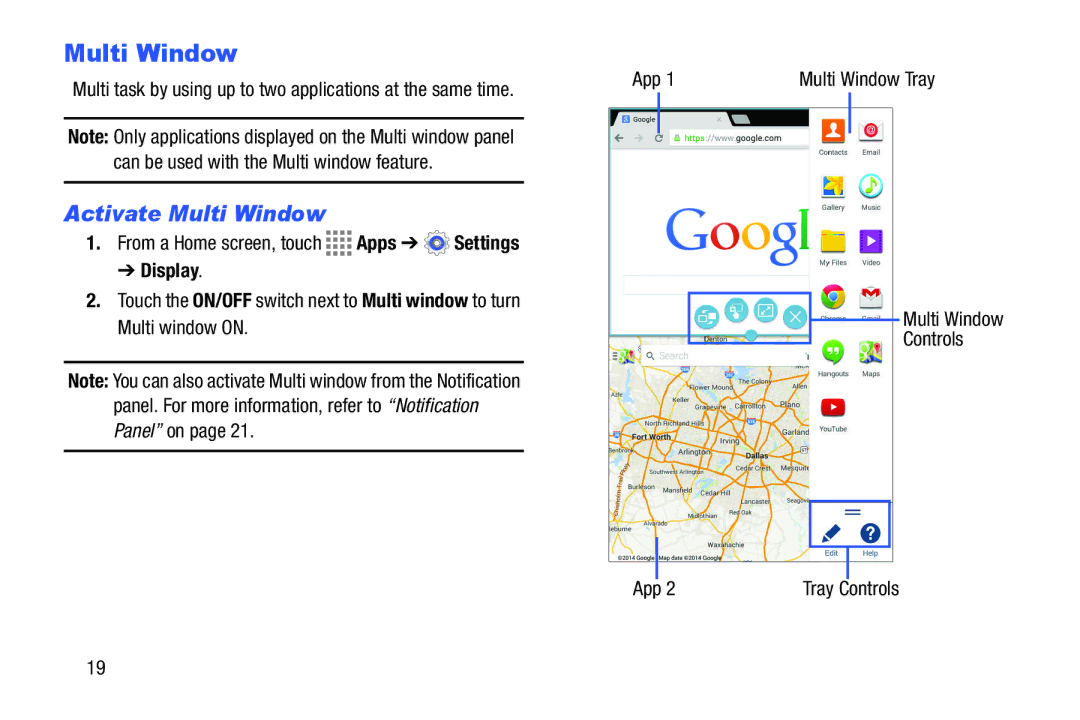 Samsung GH68-41349F manual Activate Multi Window, From a Home screen, touch Apps Settings, Display 