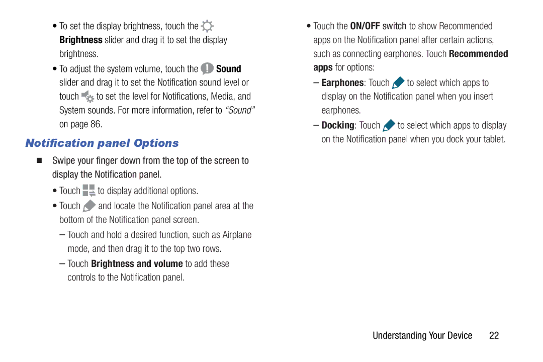 Samsung GH68-41349F manual Notification panel Options, Brightness, Earphones 