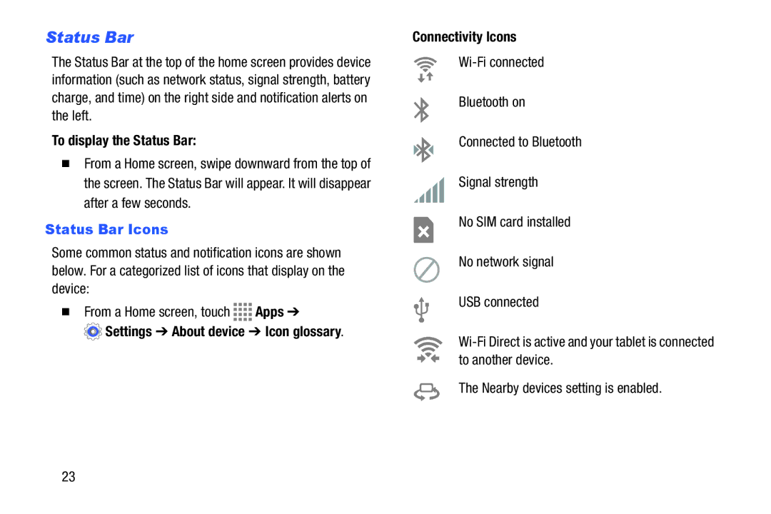 Samsung GH68-41349F manual To display the Status Bar, Status Bar Icons, Connectivity Icons 