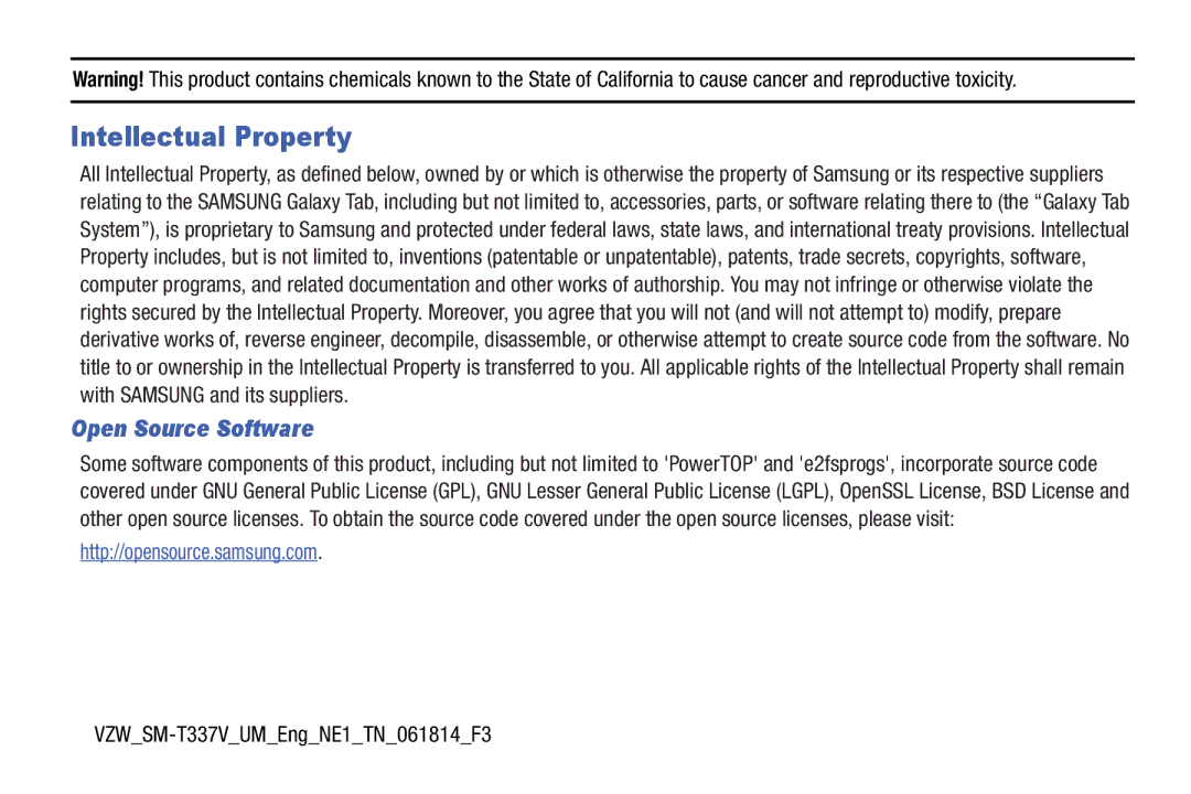 Samsung GH68-41349F manual Intellectual Property, Open Source Software, VZWSM-T337VUMEngNE1TN061814F3 