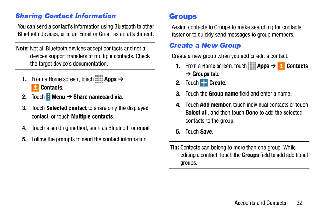 Samsung GH68-41349F manual Sharing Contact Information, Create a New Group, Touch Menu Share namecard via, Groups tab 