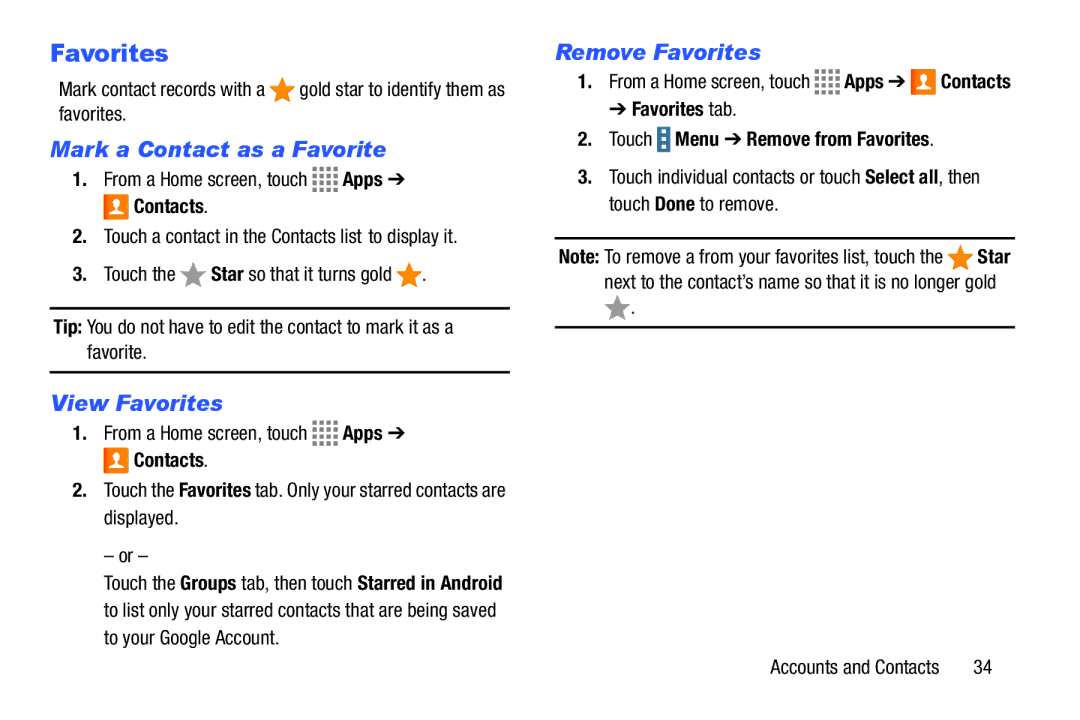 Samsung GH68-41349F manual Mark a Contact as a Favorite, View Favorites, Remove Favorites 