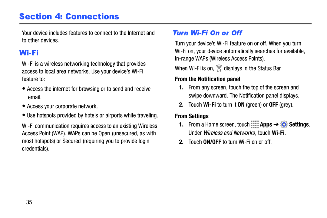 Samsung GH68-41349F manual Turn Wi-Fi On or Off, From the Notification panel, From Settings 