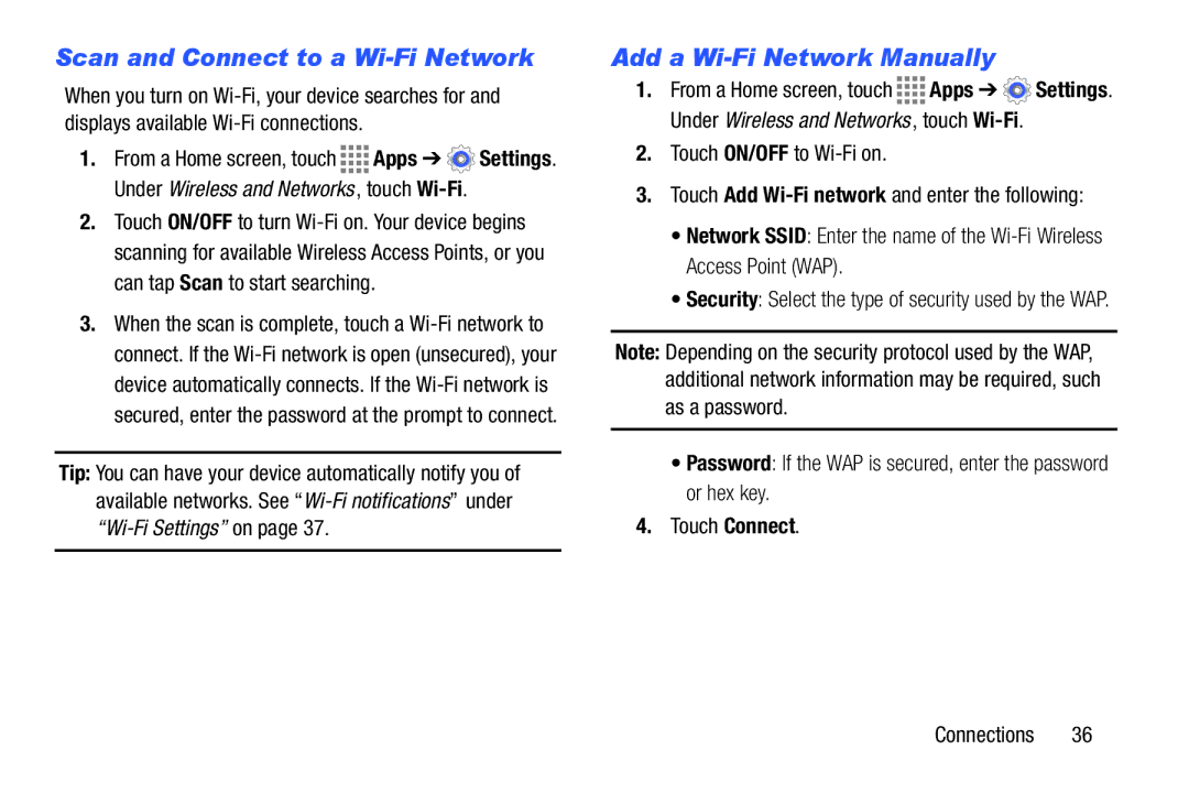 Samsung GH68-41349F manual Scan and Connect to a Wi-Fi Network, Add a Wi-Fi Network Manually 