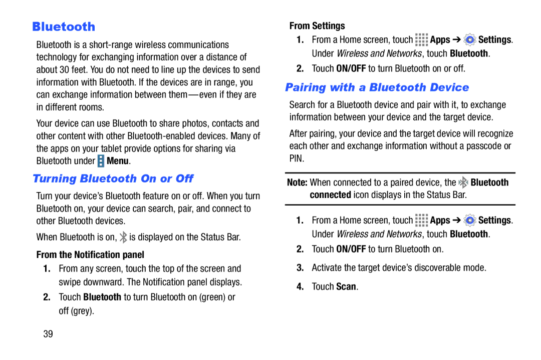 Samsung GH68-41349F manual Turning Bluetooth On or Off, Pairing with a Bluetooth Device 