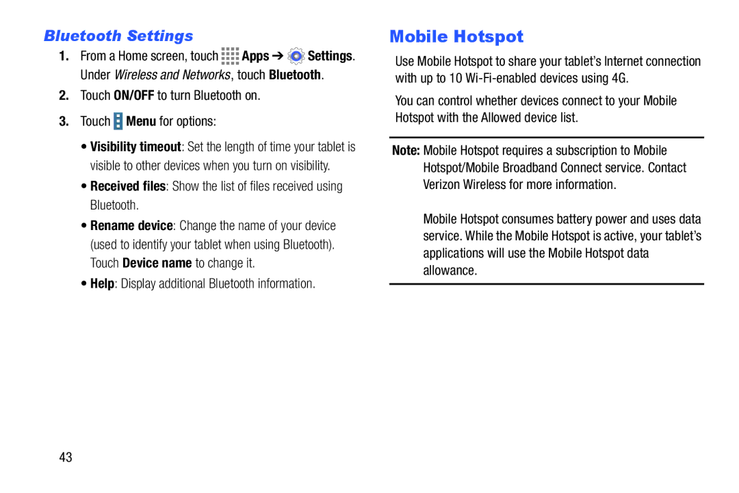 Samsung GH68-41349F manual Mobile Hotspot, Bluetooth Settings, Touch ON/OFF to turn Bluetooth on Touch Menu for options 